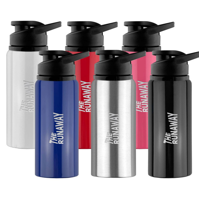 A drink bottle available in blue, silver, black, red, and pink, featuring a screw-on cap and a logo.