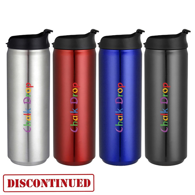 A drink bottle collection in silver, red, blue, and black, each featuring a logo and a black lid.