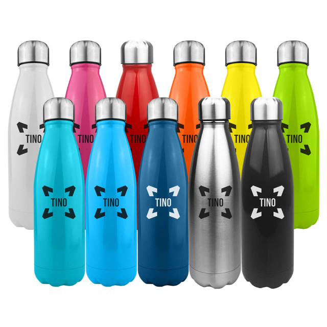 A drink bottle collection featuring shiny stainless steel designs in various vibrant colours with logos on each bottle.