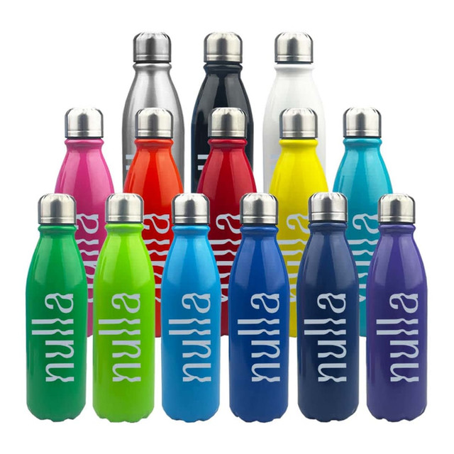 A collection of multi-coloured aluminium drink bottles with stainless steel caps, featuring a logo.