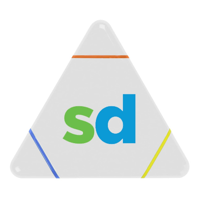 A triangular highlighter featuring blue, green, orange, and yellow colours, with a logo on its surface.