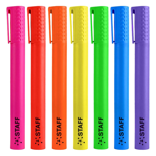 A set of jumbo highlighter pens in vibrant colours: pink, orange, yellow, green, blue, and purple, featuring branding.