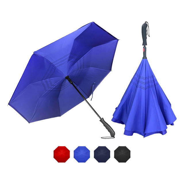 A blue inverted umbrella with a black handle, displayed alongside red, dark blue, and black options. It has a logo.