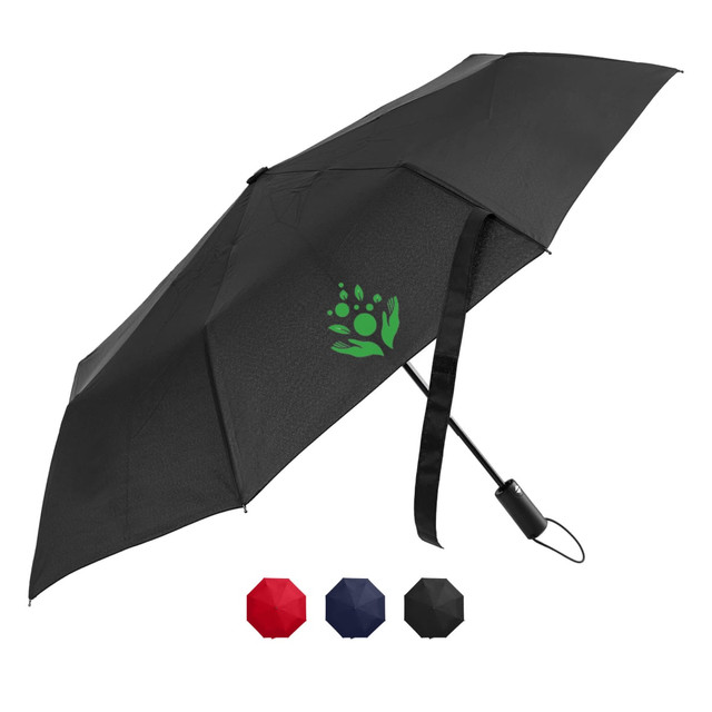A black umbrella with a logo, featuring a sleek design and an automatic opening mechanism. Available in red, navy, and maroon.