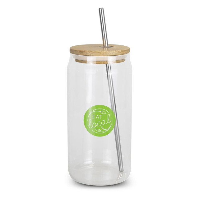 A glass tumbler with a bamboo lid and stainless steel straw, featuring a green logo design. A glass tumbler with a bamboo lid and stainless steel straw, featuring a green logo design.
