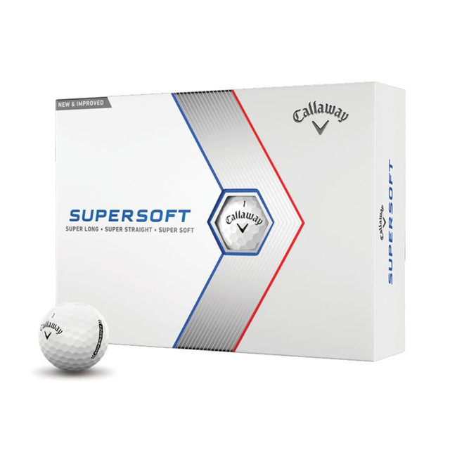 A box of Callaway Supersoft golf balls in white, featuring a logo and geometric design elements in blue and red. A box of Callaway Supersoft golf balls in white, featuring a logo and geometric design elements in blue and red.