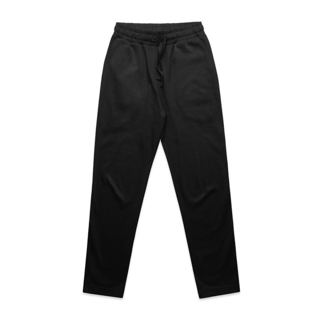 Black heavy lounge pants with an elastic waistband and drawstring, featuring a logo on the waistband.