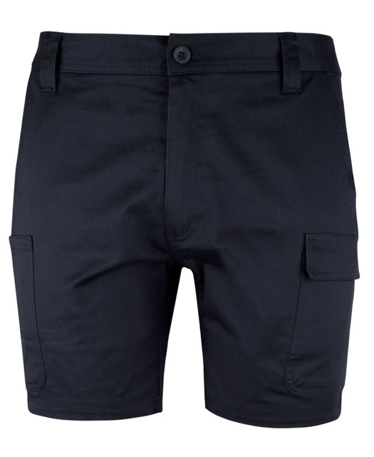 A pair of navy blue cargo shorts featuring multiple pockets and a button closure. Includes a logo.