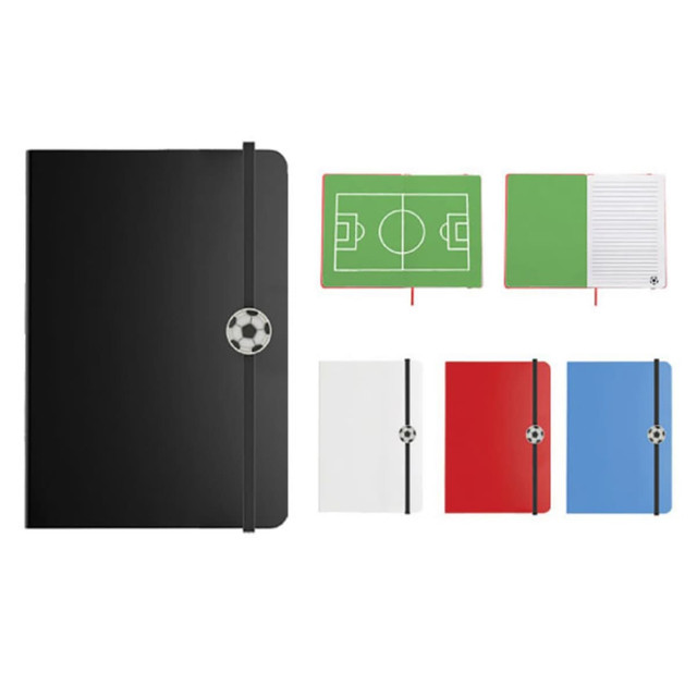 A notebook in black, white, red, and blue, featuring a soccer-themed interior and a logo on the cover.