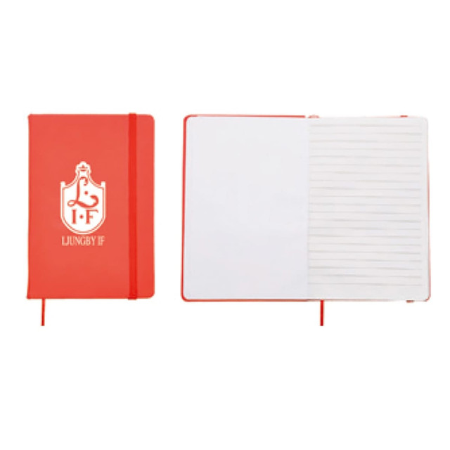 A6 PU notebook in bright red with a logo, featuring lined pages and an elastic band closure.