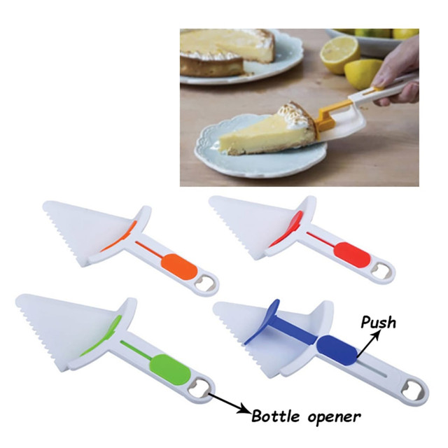 A drink bottle opener in four colours: orange, green, blue, and white, shaped like a pizza cutter. Includes a logo.