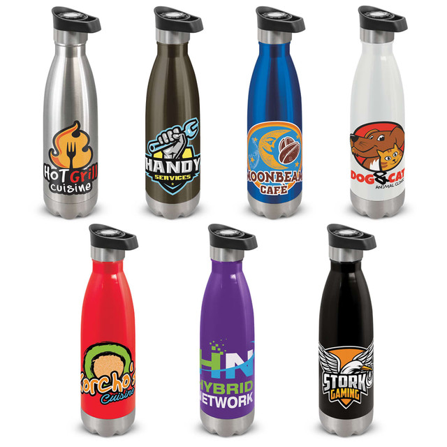 A drink bottle collection featuring various designs in silver, blue, red, purple, and black, with push-button lids.