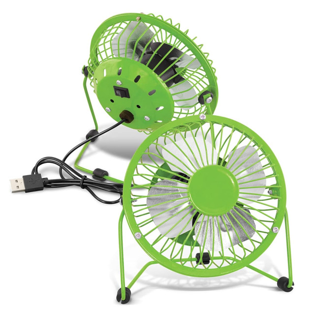 A green desk fan with a USB connection, featuring a metal grille and standing on small feet.