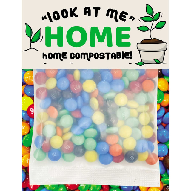 A clear bag filled with ECO Mini M&Ms in various colours, set against a backdrop of colourful chocolate candies. A clear bag filled with ECO Mini M&Ms in various colours, set against a backdrop of colourful chocolate candies.
