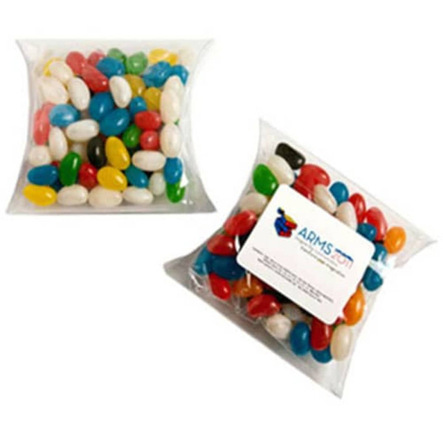 A pillow pack containing assorted mini jelly beans in various colours, featuring a logo on the packaging.
