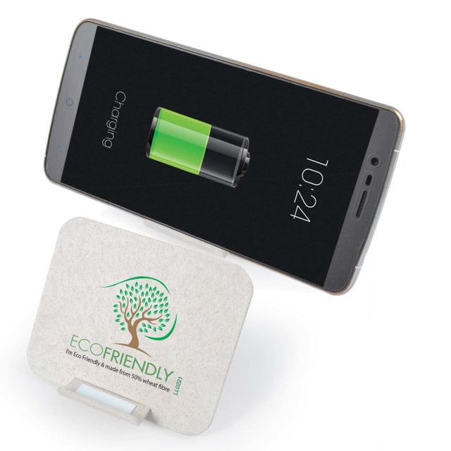 A wireless charger with a light gray base displaying an eco-friendly logo next to a smartphone showing a charging battery. A wireless charger with a light gray base displaying an eco-friendly logo next to a smartphone showing a charging battery.