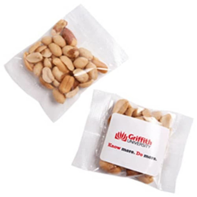 A clear plastic pouch containing salted peanuts, with a logo on the packaging. The peanuts are light brown and beige.