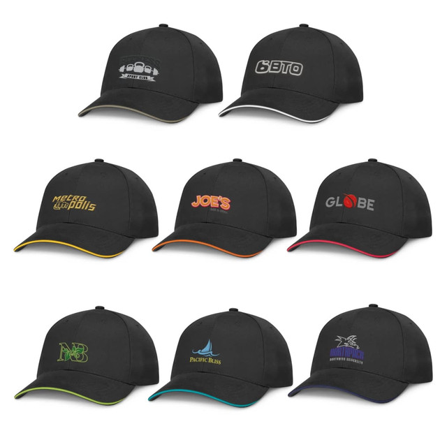 A collection of black caps featuring various logos and branding, each with distinct coloured accents. A collection of black caps featuring various logos and branding, each with distinct coloured accents.