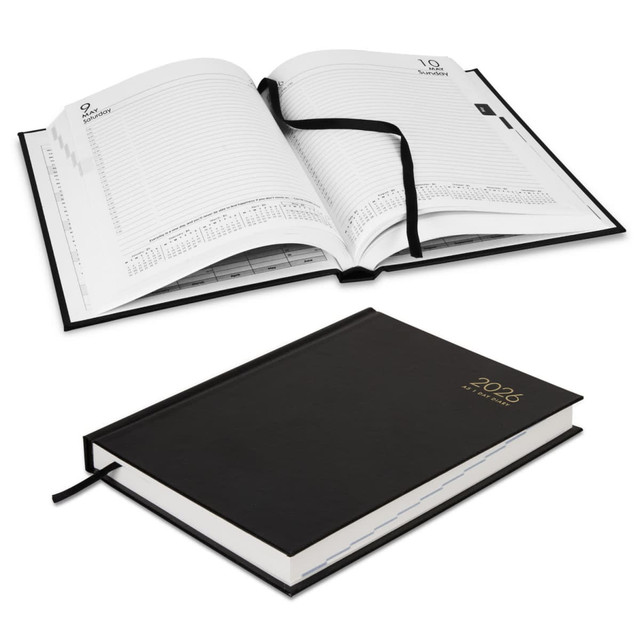 A black Collins A5 Daily Diary for 2026, opened to show lined pages and a black ribbon bookmark. A black Collins A5 Daily Diary for 2026, opened to show lined pages and a black ribbon bookmark.