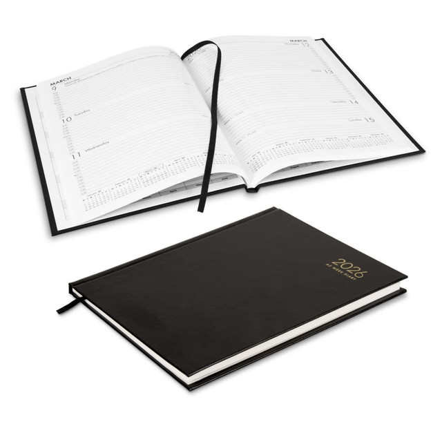 A black A5 weekly diary for 2026 with an open layout and ribbon bookmark. It has a logo on the cover. A black A5 weekly diary for 2026 with an open layout and ribbon bookmark. It has a logo on the cover.