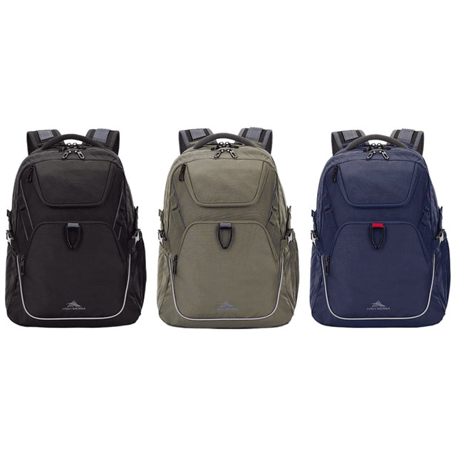 Three High Sierra Access 4.0 Backpacks in black, olive green, and navy blue, each featuring a logo.