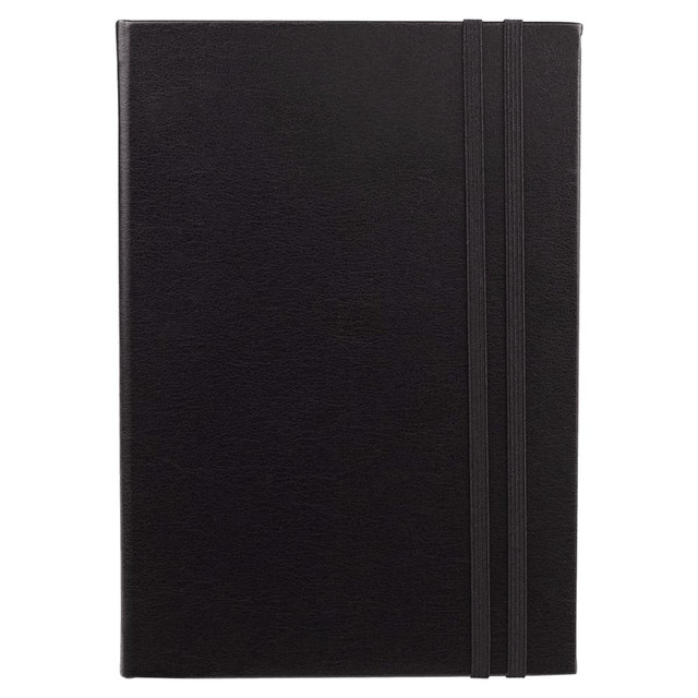 A black diary with a textured cover, featuring elastic closure bands and a simple design.