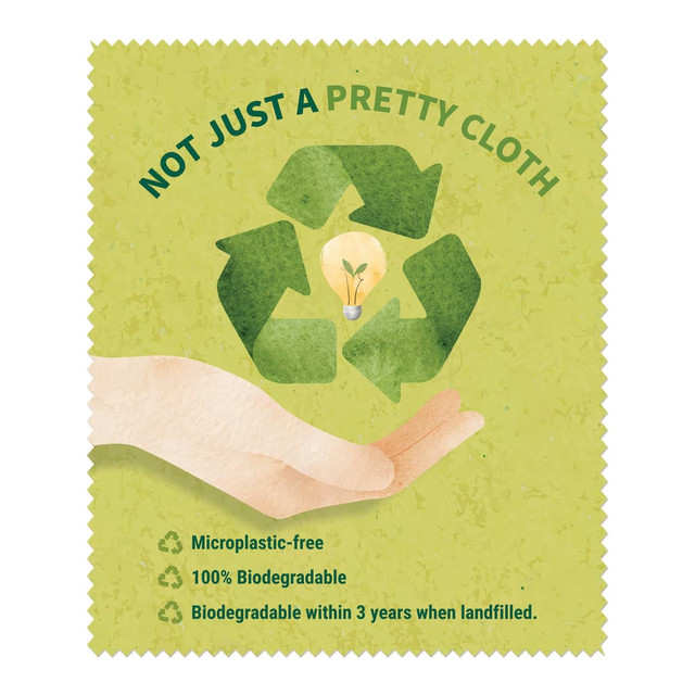 A biodegradable lens cloth in green with a recycling symbol and light bulb graphic. It has a textured, eco-friendly design.