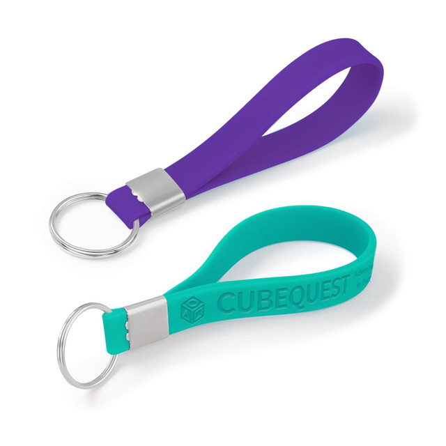 Two silicone strap keytags in purple and teal, each with a silver metal ring and one featuring branding.
