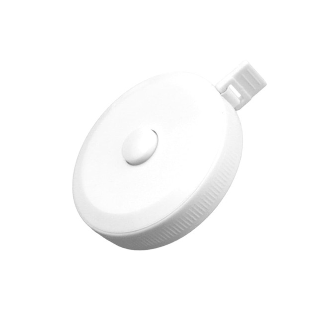 A white 1.5m tape measure with a round casing and a button for retracting the tape. It features a logo on the surface.