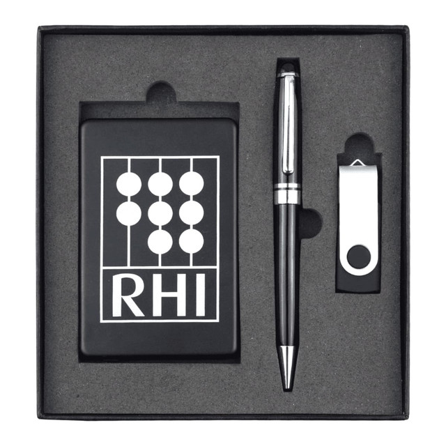 A black gift set containing a pen, a USB drive, and a card holder, all neatly arranged in a black box with a logo.