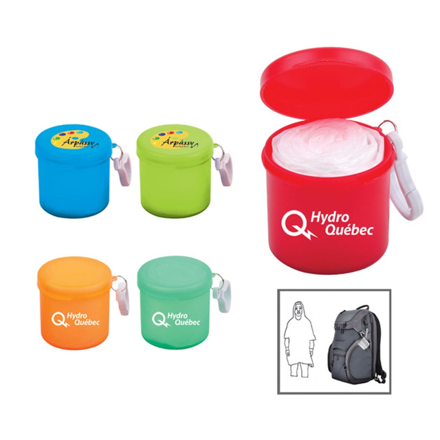 A set of four compact poncho containers in red, blue, green, and orange, each with a logo and a keychain attachment.