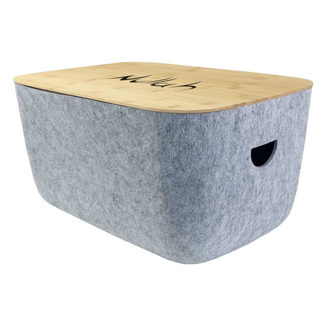 Ava Tub in grey felt with a wooden lid, featuring a cut-out handle for easy lifting.