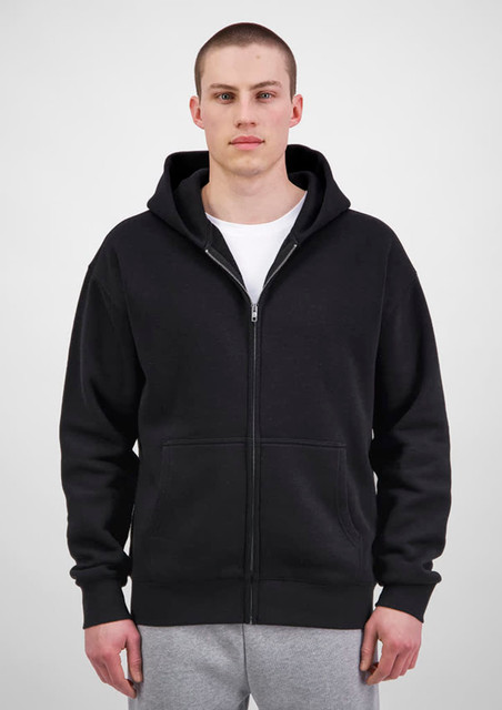 A black zip hoodie for men, featuring a hood and front pockets, worn by a model against a plain background.