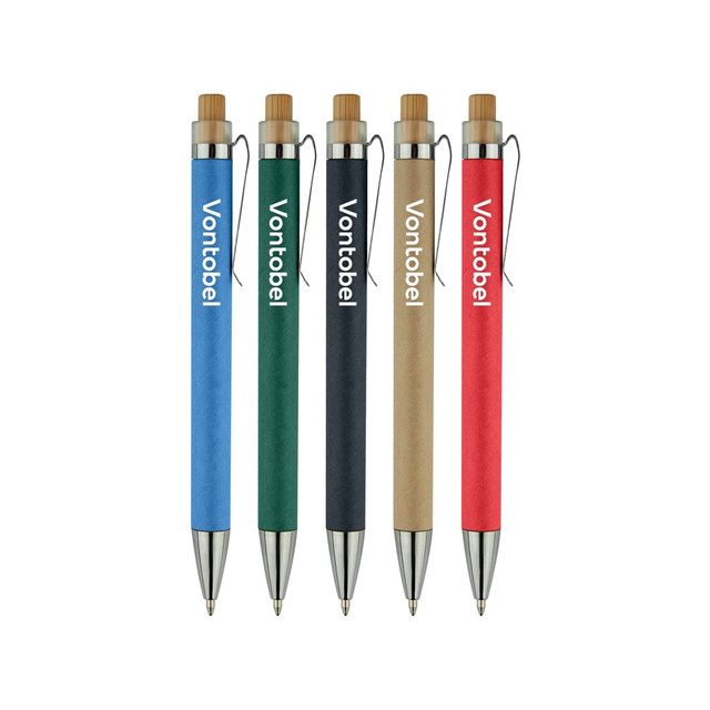 A set of five recycled cardboard pens in green, blue, black, brown, and red, with clips and branding on the barrel.