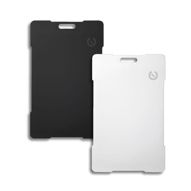 A pair of Bluetooth trackers in black and white, featuring a logo on each.