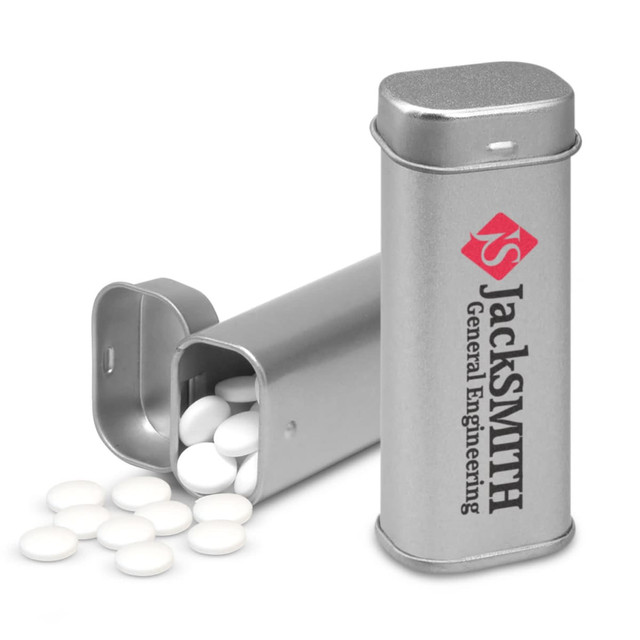 A silver tin containing white mints, with one half open and displaying the mints inside. The tin features a logo.