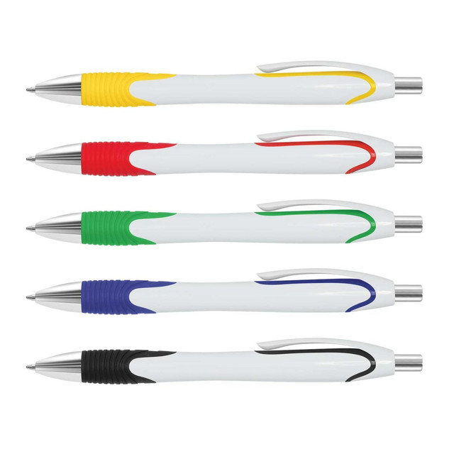 Five plastic pens in white with coloured grips: yellow, red, green, blue, and black. Each pen has a silver tip and clip.