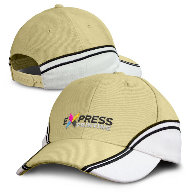A yellow and white cap with black stripes and a logo on the front. Features an adjustable strap at the back.