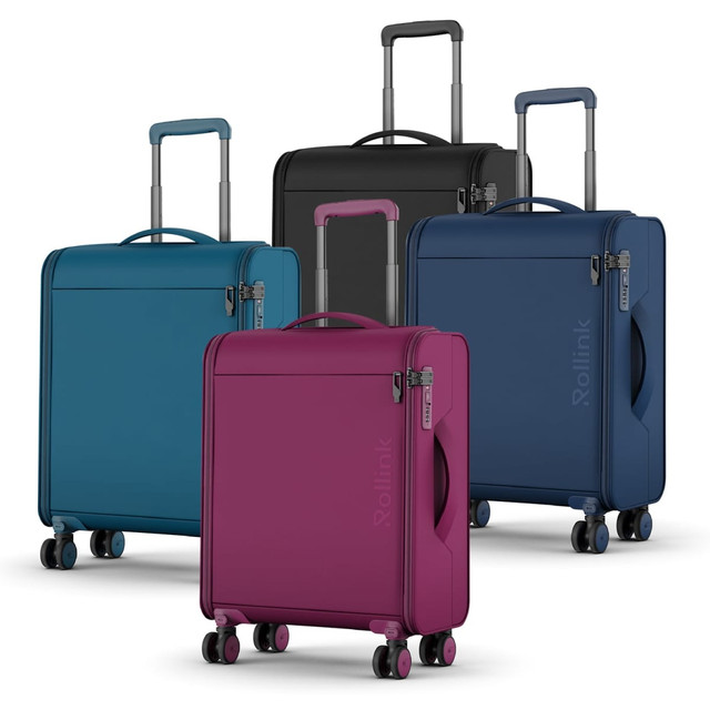 Four wheeled suitcases in teal, black, navy, and burgundy, featuring retractable handles and wheels for easy mobility.