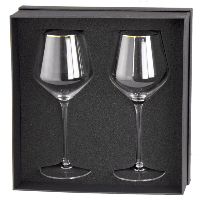 A set of two clear glass wine glasses with gold rims, presented in a black packaging.