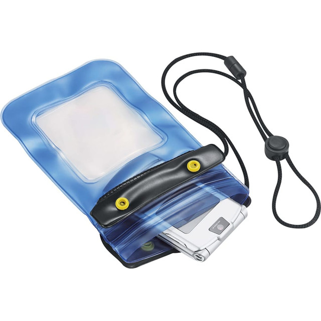 A blue waterproof pouch with a black closure and a strap, containing a mobile phone inside.