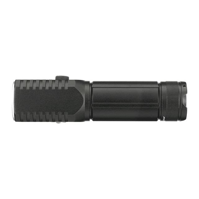A black LED torch with a textured grip and a rotating end for focus adjustment, featuring a branding logo.