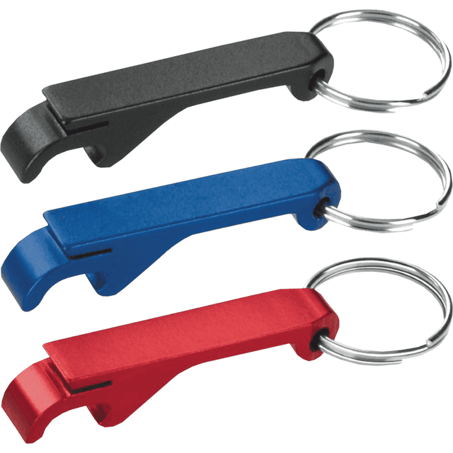 A drink bottle opener set featuring three keyring tools in black, blue, and red. Each has a metal ring attachment.