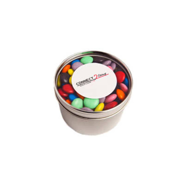 Branded Tin with One Colour Pad Print - 150g Mixed Coloured Choc Beans