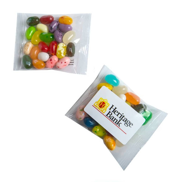 A pack of JELLY BELLY jelly beans featuring assorted colours in a clear branded bag with a sticker.