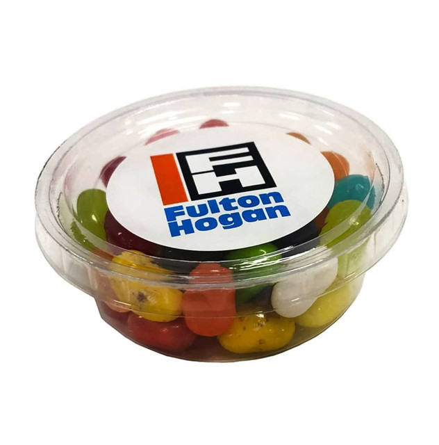 A tub filled with multi-coloured JELLY BELLY jelly beans, featuring a logo on the lid.