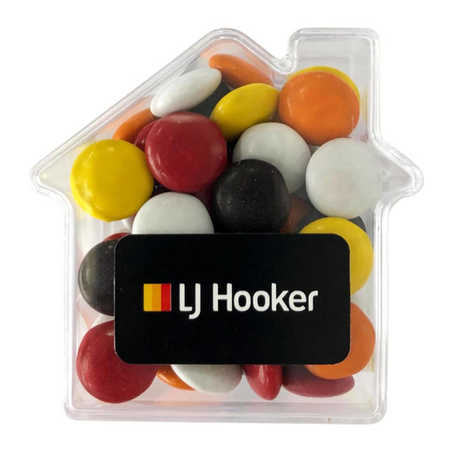 Choc Beans in Acrylic House 50g - Branded House with Sticker/ Corp Coloured Choc Beans