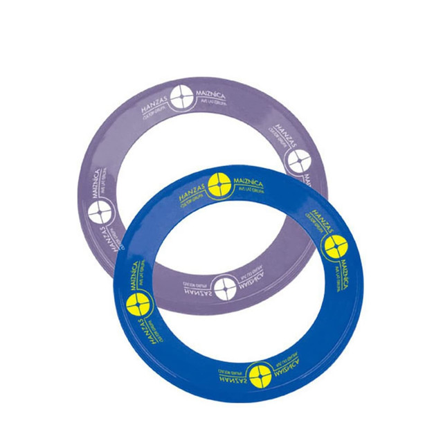 Two frisbees in purple and blue, featuring a circular design and logos on the surface.