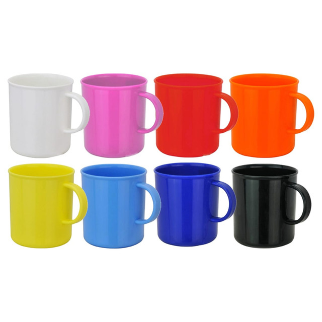 A set of eight plastic mugs in white, pink, red, orange, yellow, blue, and black, each with a handle.