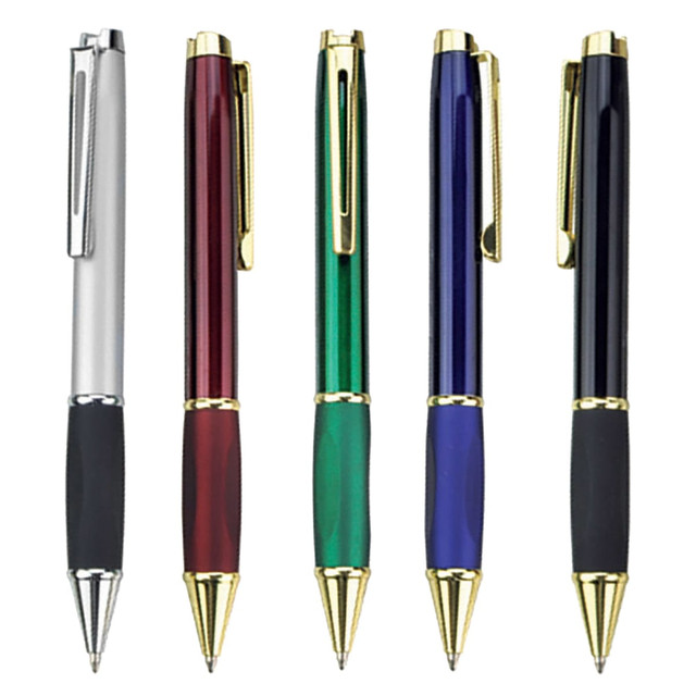 A set of five metal pens in silver, red, green, blue, and black with gold accents and clips.
